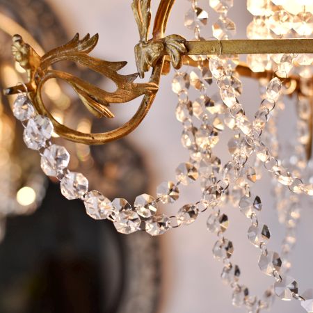 Vintage Italian Style Brass Enameled Chandelier with Clear Garland Strands - 2 cm Drops